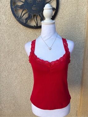 NYC Active Red Ribbed Lace Trim Cami Y2K Coquette Flirty